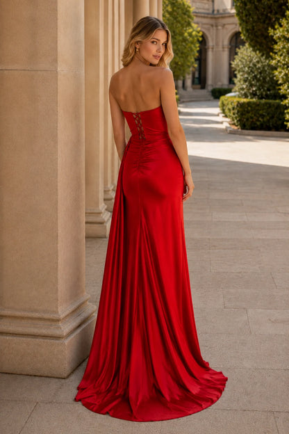 Rosamund Strapless Satin Mermaid Prom Dress with Slit in True Red, back view