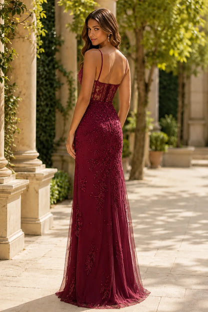Fiora Beaded Spaghetti-Strap Mermaid Prom Dress with Slit in Burgundy, back view