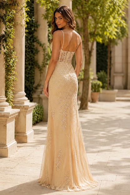 Fiora Beaded Spaghetti-Strap Mermaid Prom Dress with Slit in Champagne Gold, back view