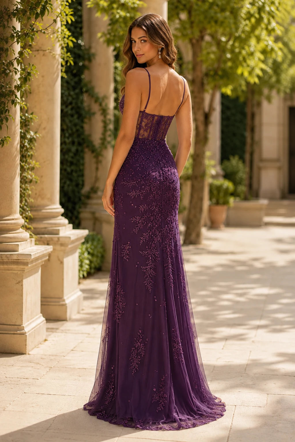 Fiora Beaded Spaghetti-Strap Mermaid Prom Dress with Slit in Gemstone Purple, back view