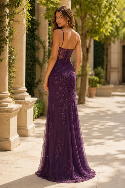 Fiora Beaded Spaghetti-Strap Mermaid Prom Dress with Slit in Gemstone Purple, back view