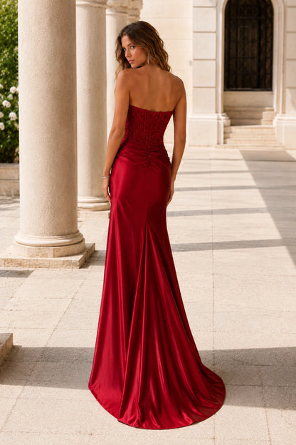 Linnea Strapless Corset Satin Mermaid Prom Dress with Slit in True Red, back view