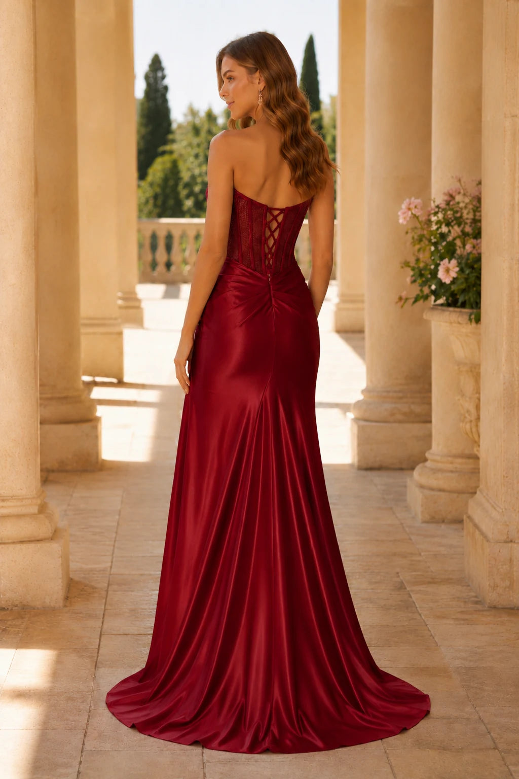 Sorelia Lace Corset Mermaid Prom Dress with Slit - Burgundy back view | PromSpark
