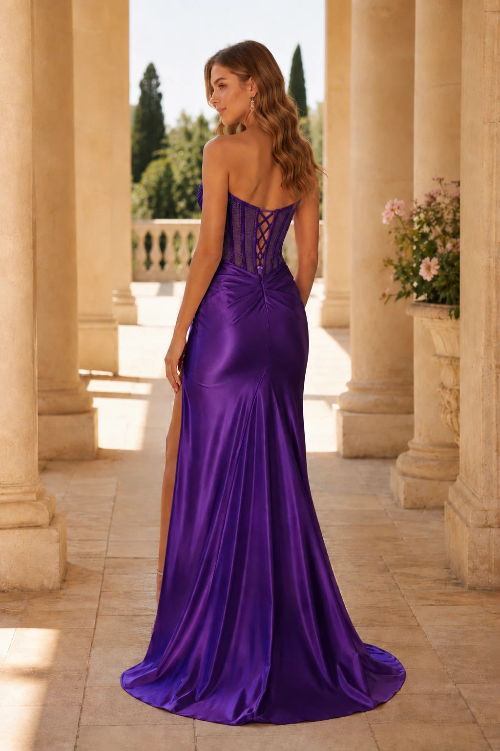 Sorelia Lace Corset Mermaid Prom Dress with Slit - Gemstone Purple back view | PromSpark