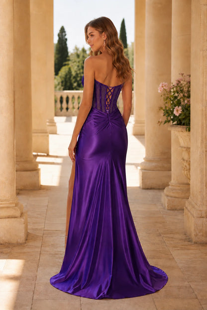 Sorelia Lace Corset Mermaid Prom Dress with Slit - Gemstone Purple back view | PromSpark