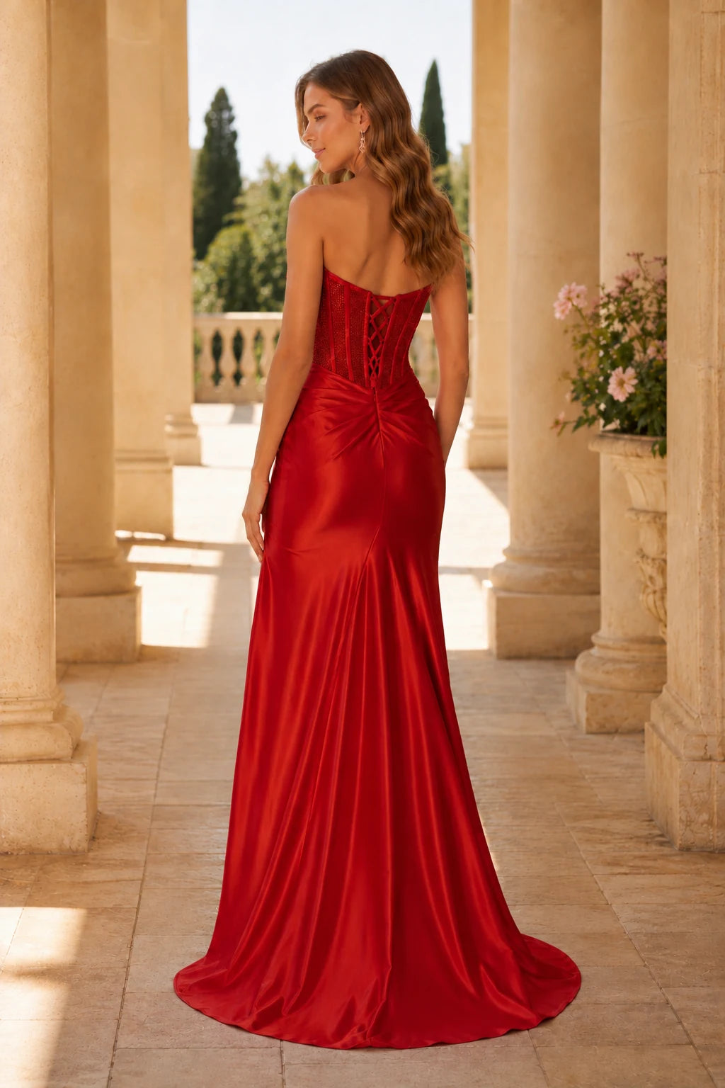 Sorelia Lace Corset Mermaid Prom Dress with Slit - True Red back view | PromSpark