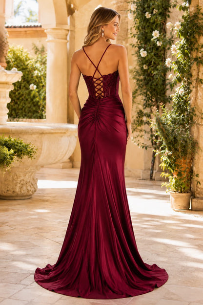Jorsette Sienna Sequin Corset Satin Slit Prom Dress - Burgundy back view | PromSpark