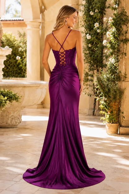 Jorsette Sienna Sequin Corset Satin Slit Prom Dress - Gemstone Purple back view | PromSpark