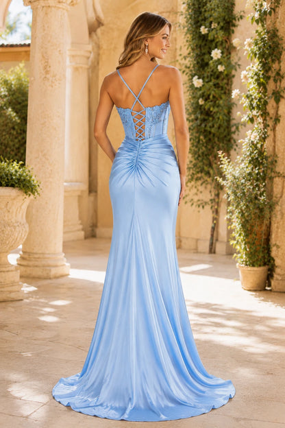 Jorsette Sienna Sequin Corset Satin Slit Prom Dress - Light Blue back view | PromSpark