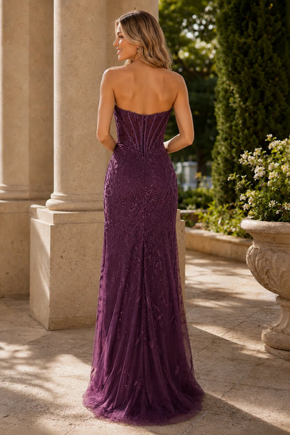 Qurelia Beaded Corset Mermaid Prom Dress with Slit - Black back view | PromSpark