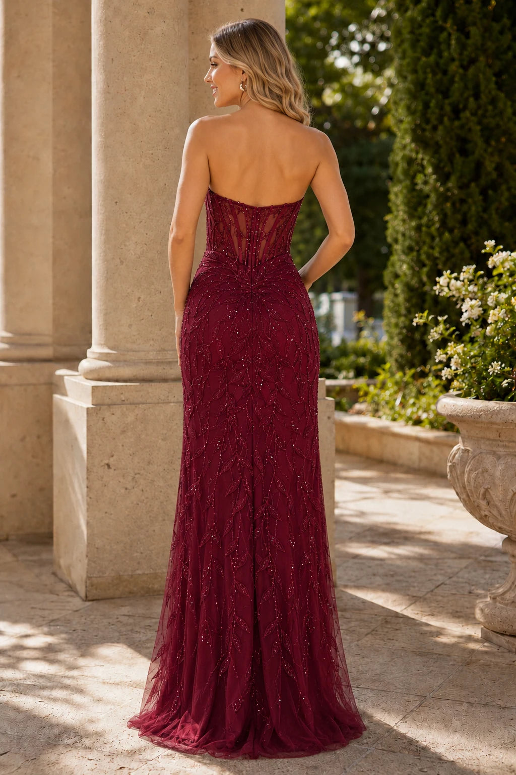 Qurelia Beaded Corset Mermaid Prom Dress with Slit - Burgundy back view | PromSpark