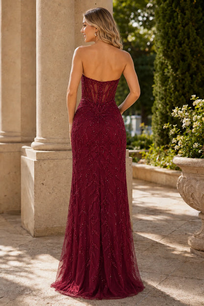 Qurelia Beaded Corset Mermaid Prom Dress with Slit - Burgundy back view | PromSpark