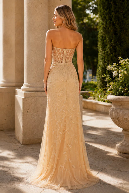Qurelia Beaded Corset Mermaid Prom Dress with Slit - Champagne Gold back view | PromSpark