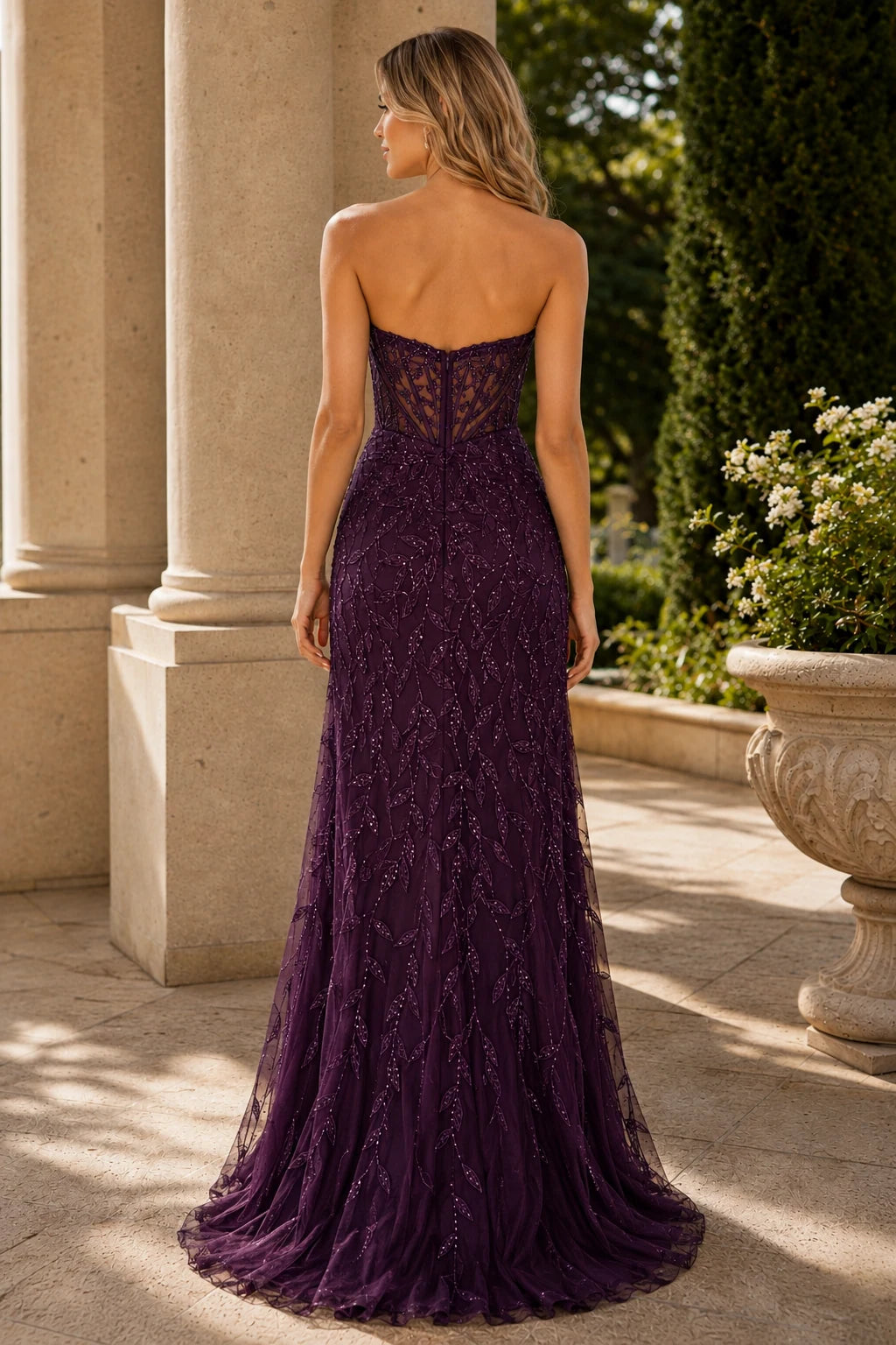 Qurelia Beaded Corset Mermaid Prom Dress with Slit - Gemstone Purple back view | PromSpark