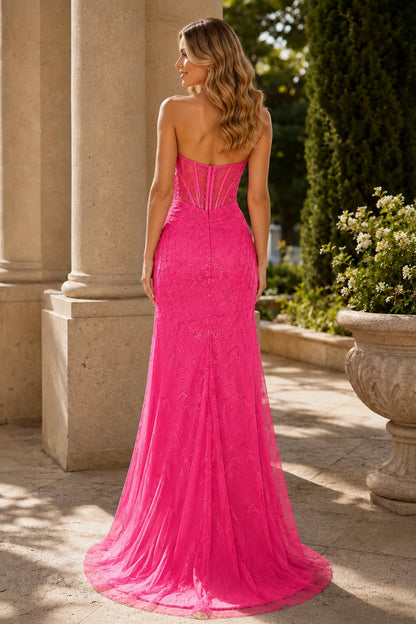Qurelia Beaded Corset Mermaid Prom Dress with Slit - Hot Pink back view | PromSpark