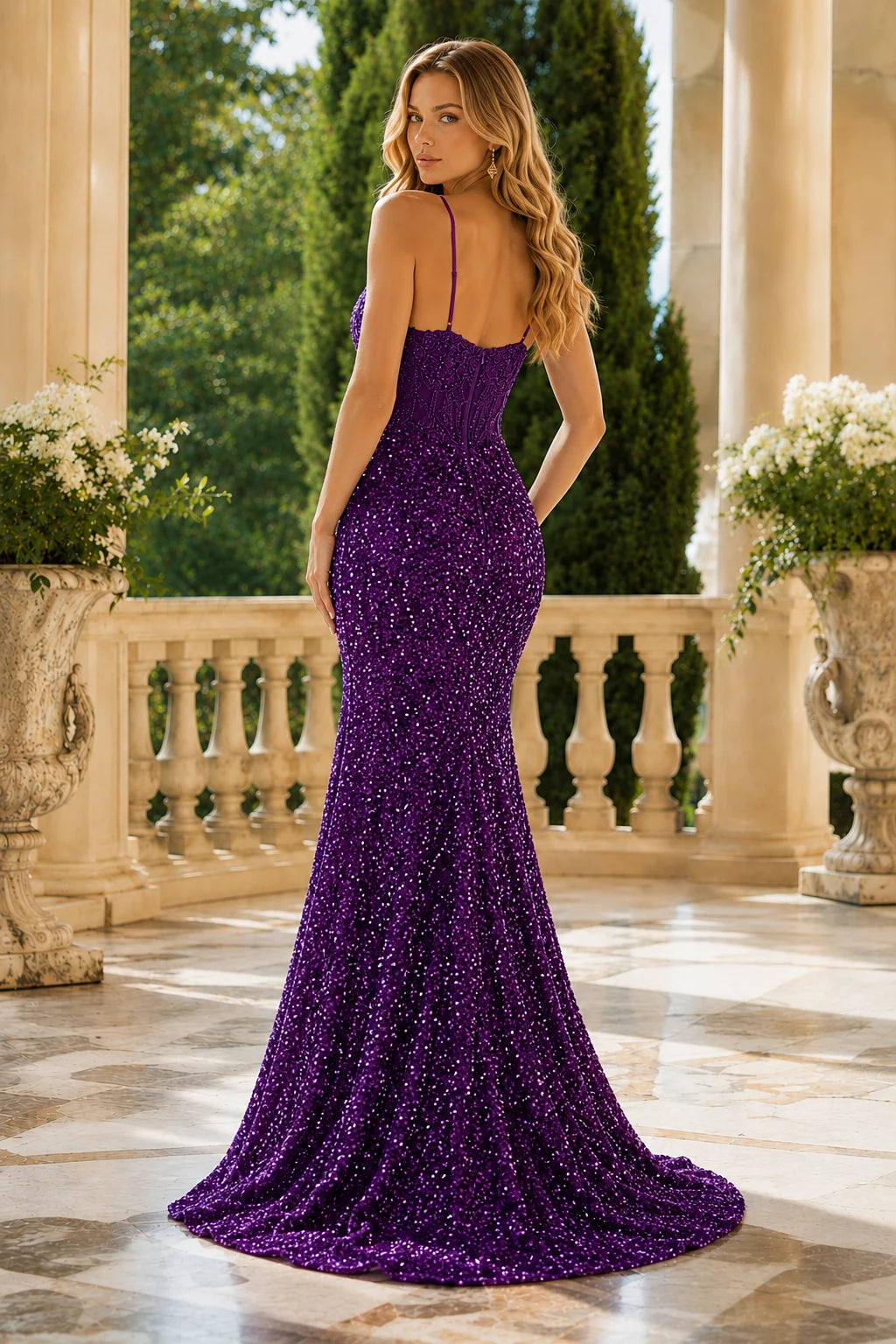 Mavelle Beaded V-Neck Mermaid Prom Dress with High Slit - Gemstone Purple back view | PromSpark