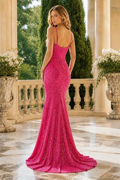 Mavelle Beaded V-Neck Mermaid Prom Dress with High Slit - Hot Pink back view | PromSpark
