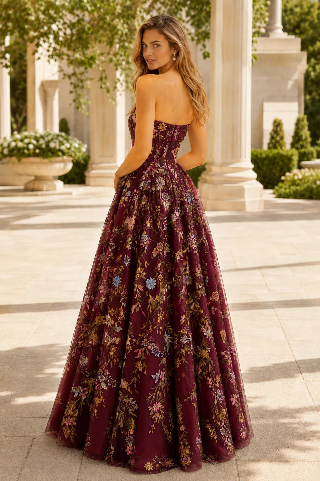 Adeline Strapless Floral Ball Gown Prom Dress - Burgundy Floral back view | PromSpark
