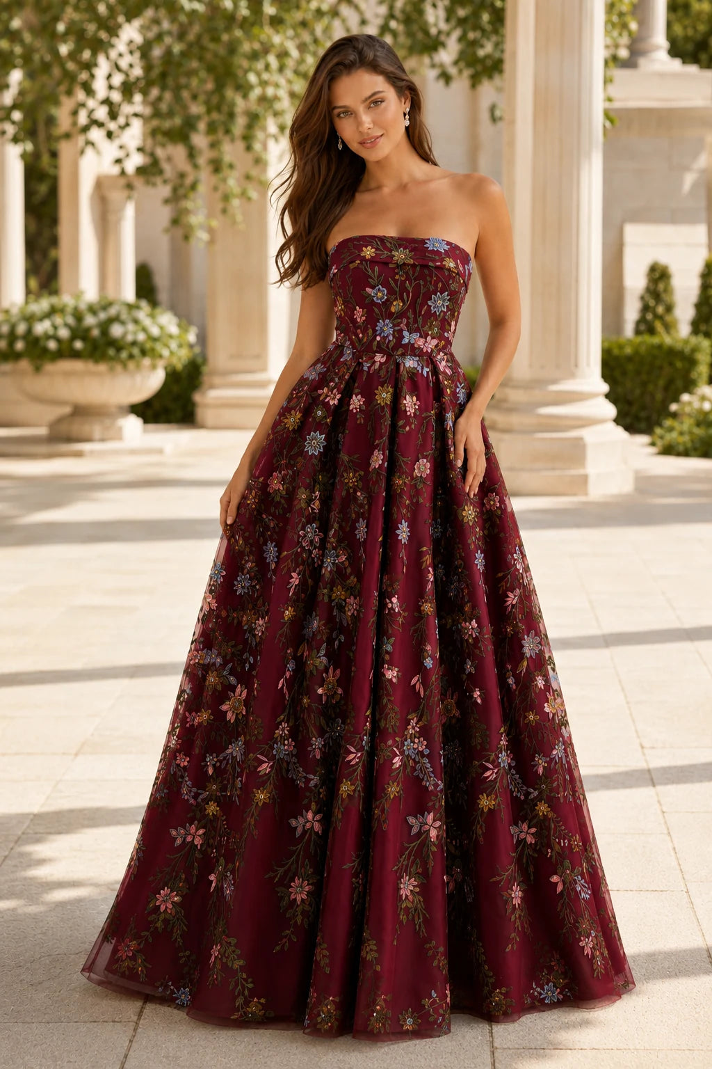 Adeline Strapless Floral Ball Gown Prom Dress - Burgundy Floral front view | PromSpark