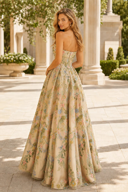 Adeline Strapless Floral Ball Gown Prom Dress - Champagne Floral back view | PromSpark