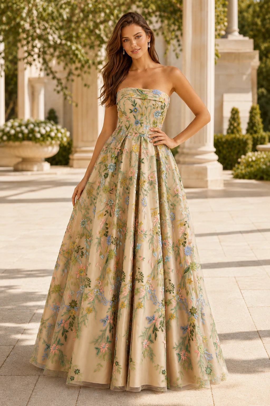 Adeline Strapless Floral Ball Gown Prom Dress - Champagne Floral front view | PromSpark
