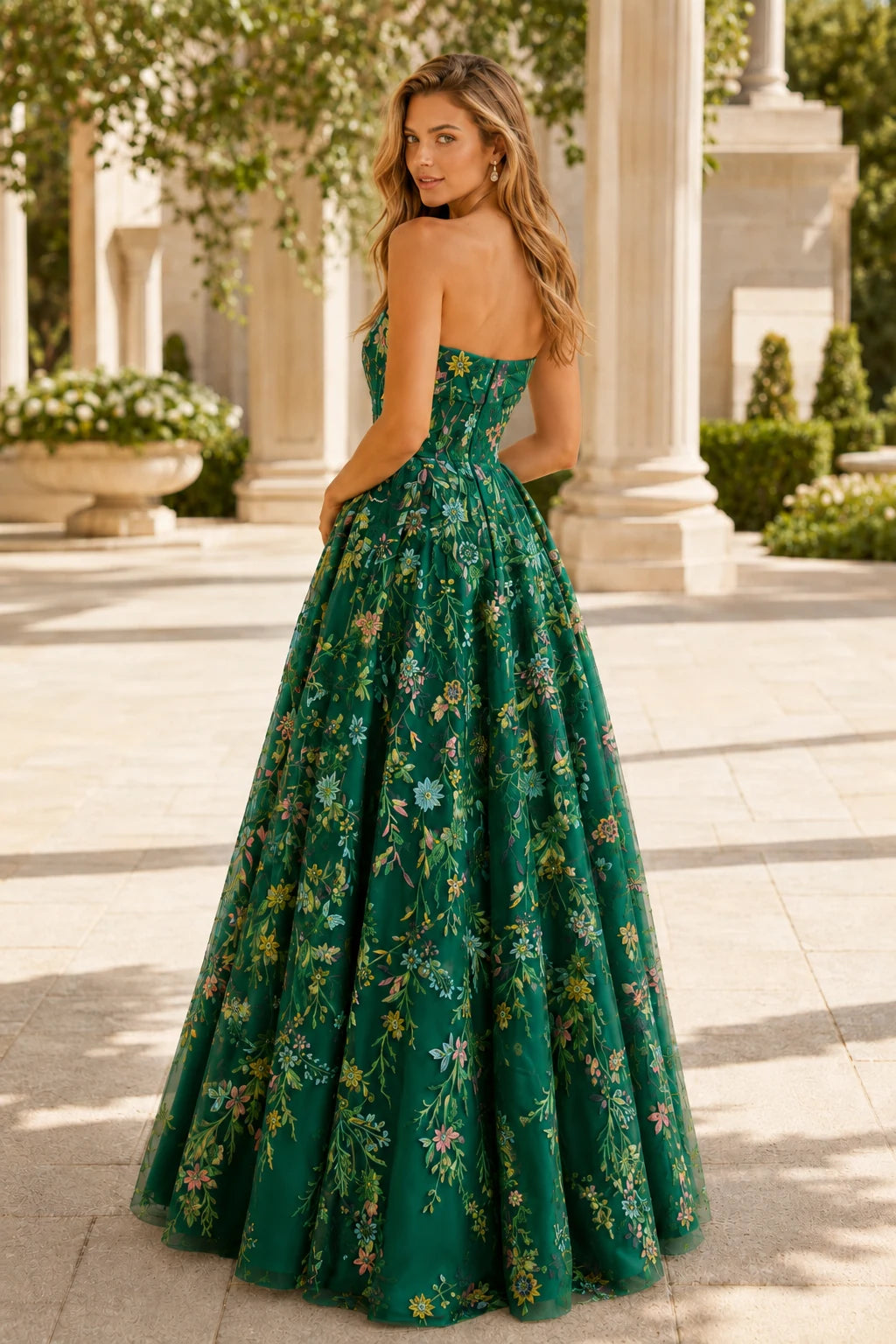 Adeline Strapless Floral Ball Gown Prom Dress - Emerald Green Floral back view | PromSpark