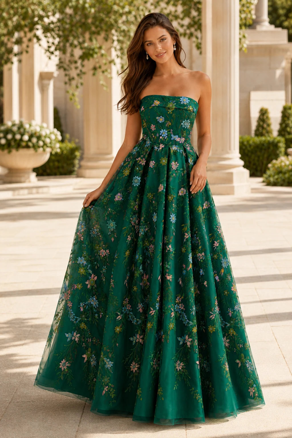 Adeline Strapless Floral Ball Gown Prom Dress - Emerald Green Floral front view | PromSpark