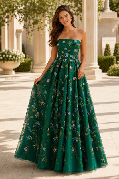 Adeline Strapless Floral Ball Gown Prom Dress - Emerald Green Floral front view | PromSpark