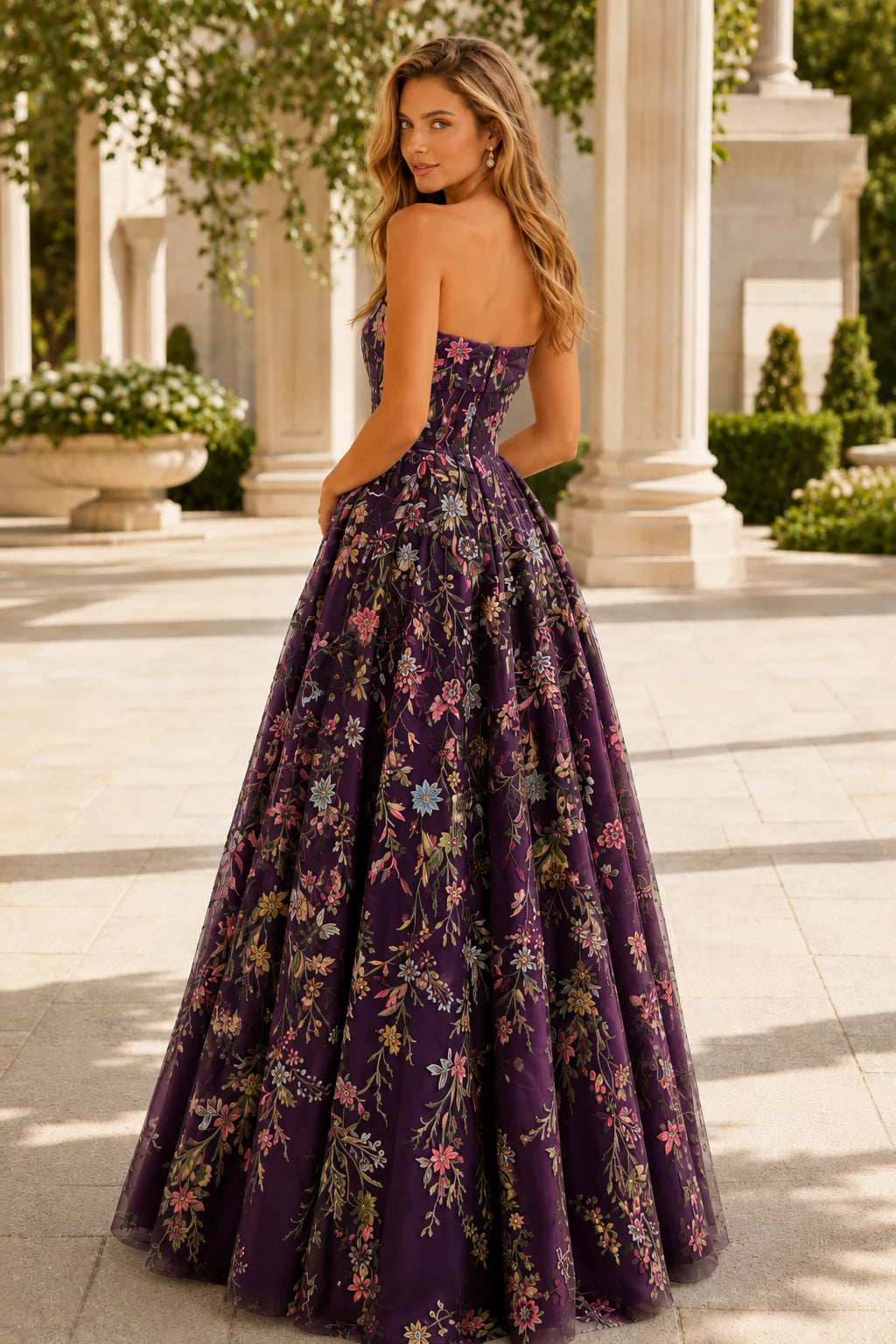 Adeline Strapless Floral Ball Gown Prom Dress - Gemstone Purple Floral back view | PromSpark