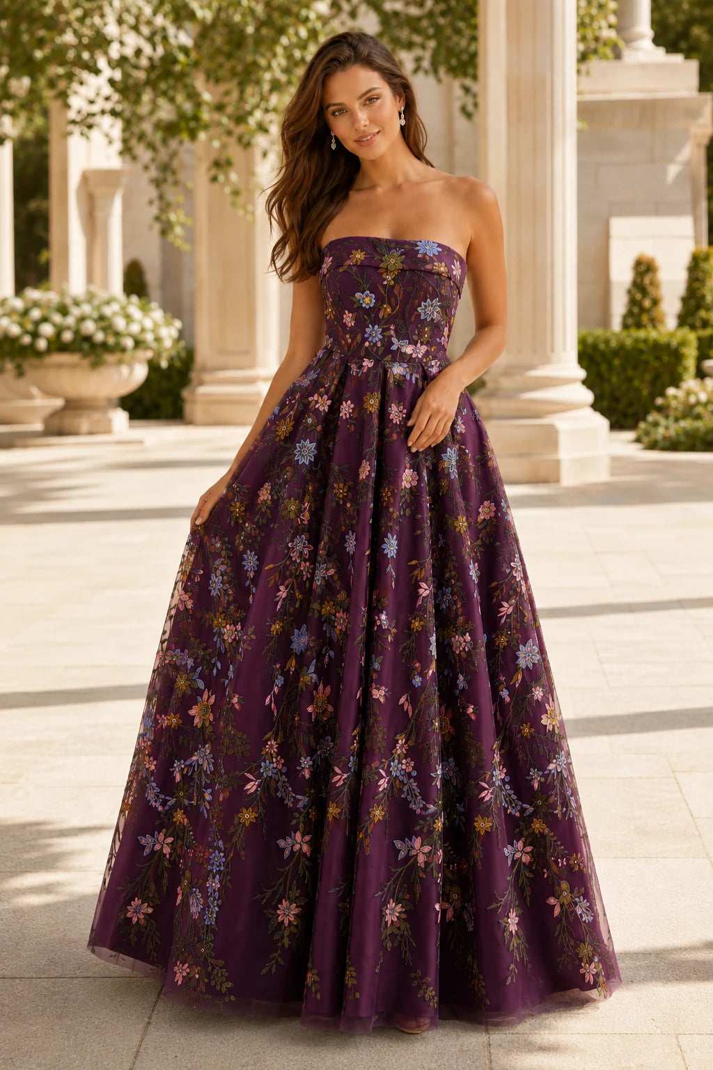 Adeline Strapless Floral Ball Gown Prom Dress - Gemstone Purple Floral front view | PromSpark