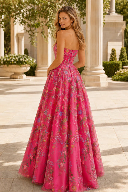 Adeline Strapless Floral Ball Gown Prom Dress - Hot Pink Floral back view | PromSpark