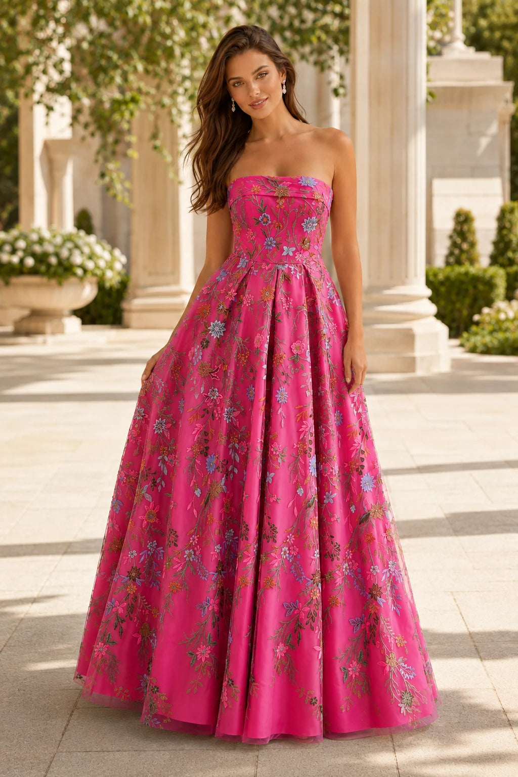 Adeline Strapless Floral Ball Gown Prom Dress - Hot Pink Floral front view | PromSpark