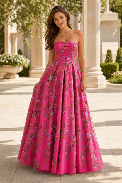 Adeline Strapless Floral Ball Gown Prom Dress - Hot Pink Floral front view | PromSpark