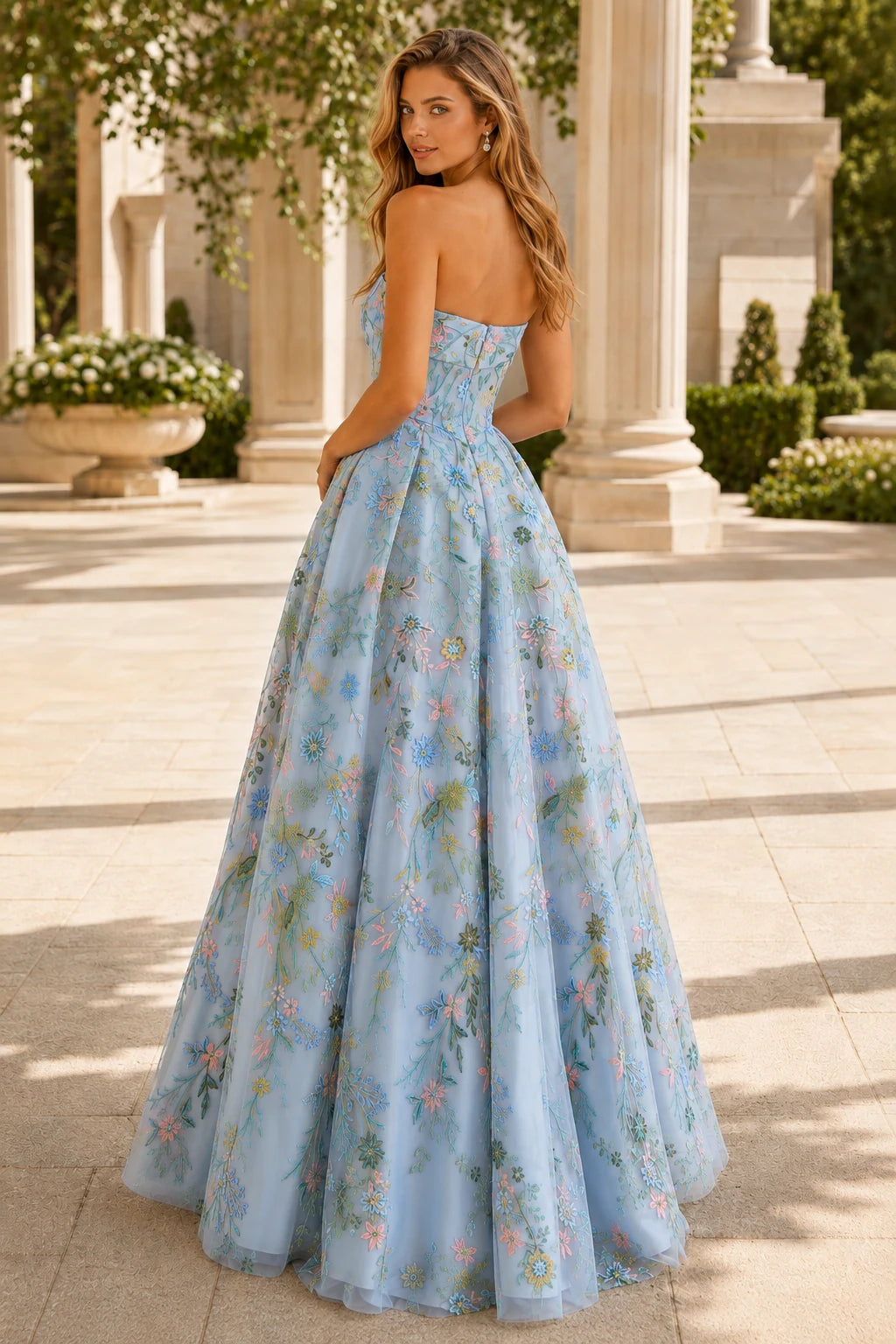 Adeline Strapless Floral Ball Gown Prom Dress - Light Blue Floral back view | PromSpark