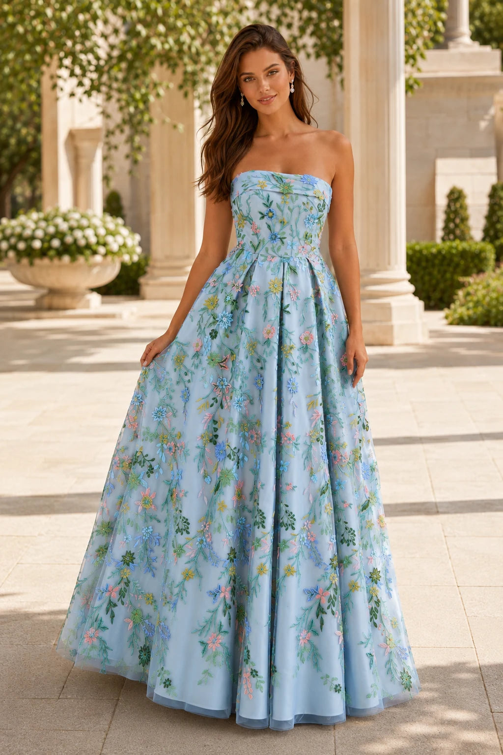 Adeline Strapless Floral Ball Gown Prom Dress - Light Blue Floral front view | PromSpark