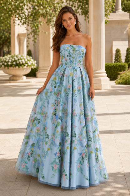 Adeline Strapless Floral Ball Gown Prom Dress - Light Blue Floral front view | PromSpark
