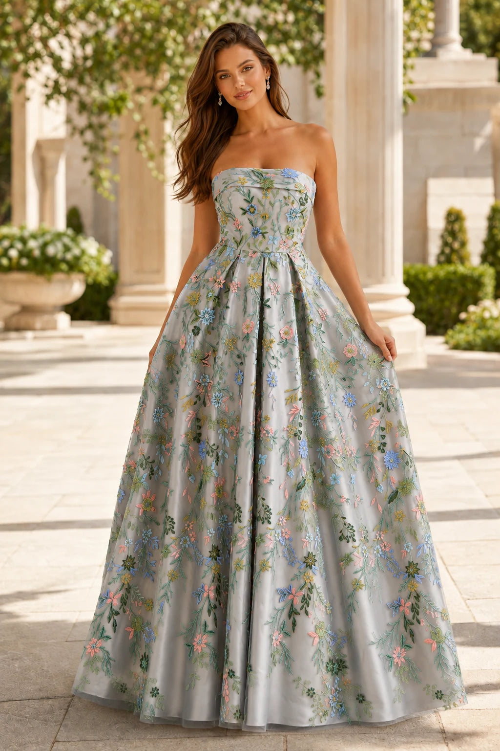 Adeline Strapless Floral Ball Gown Prom Dress - Metallic Silver Floral front view | PromSpark