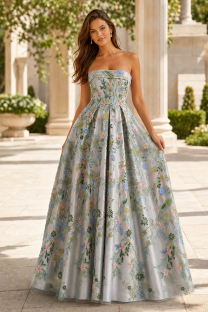 Adeline Strapless Floral Ball Gown Prom Dress - Metallic Silver Floral front view | PromSpark