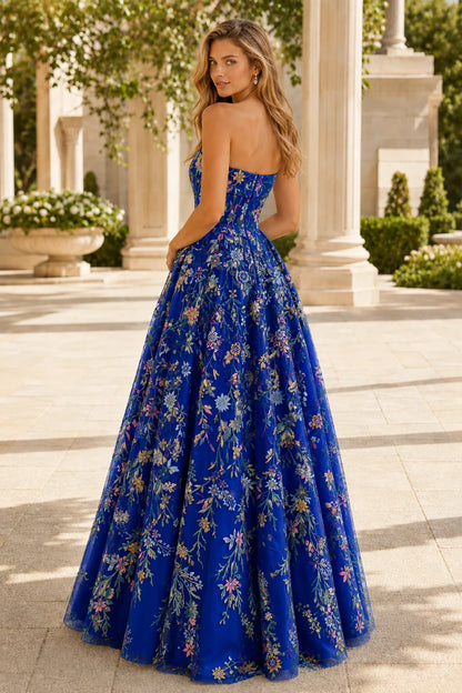 Adeline Strapless Floral Ball Gown Prom Dress - Royal Blue Floral back view | PromSpark