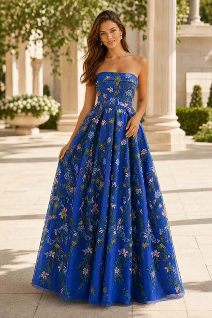 Adeline Strapless Floral Ball Gown Prom Dress - Royal Blue Floral front view | PromSpark