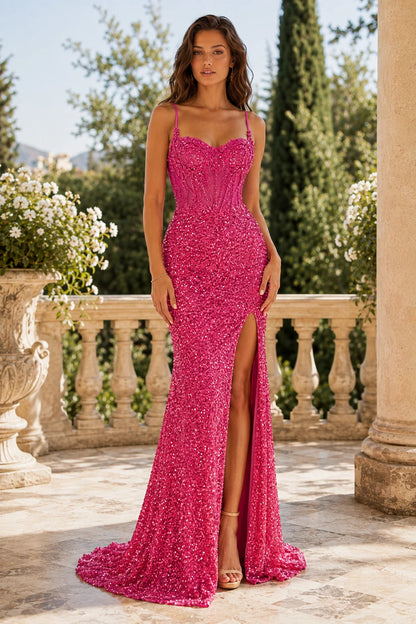 Solenne Beaded Spaghetti Strap Mermaid Prom Dress with Slit - Hot Pink front view | PromSpark