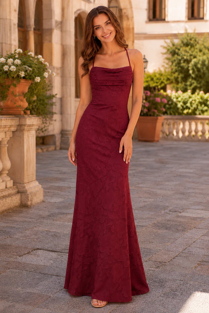 Halora Ruched Spaghetti Strap Mermaid Prom Dress with Slit - Burgundy front view | PromSpark