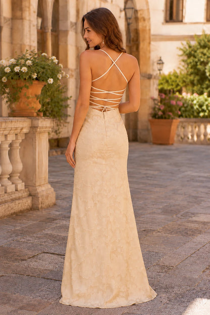 Halora Ruched Spaghetti Strap Mermaid Prom Dress with Slit - Champagne Gold back view | PromSpark