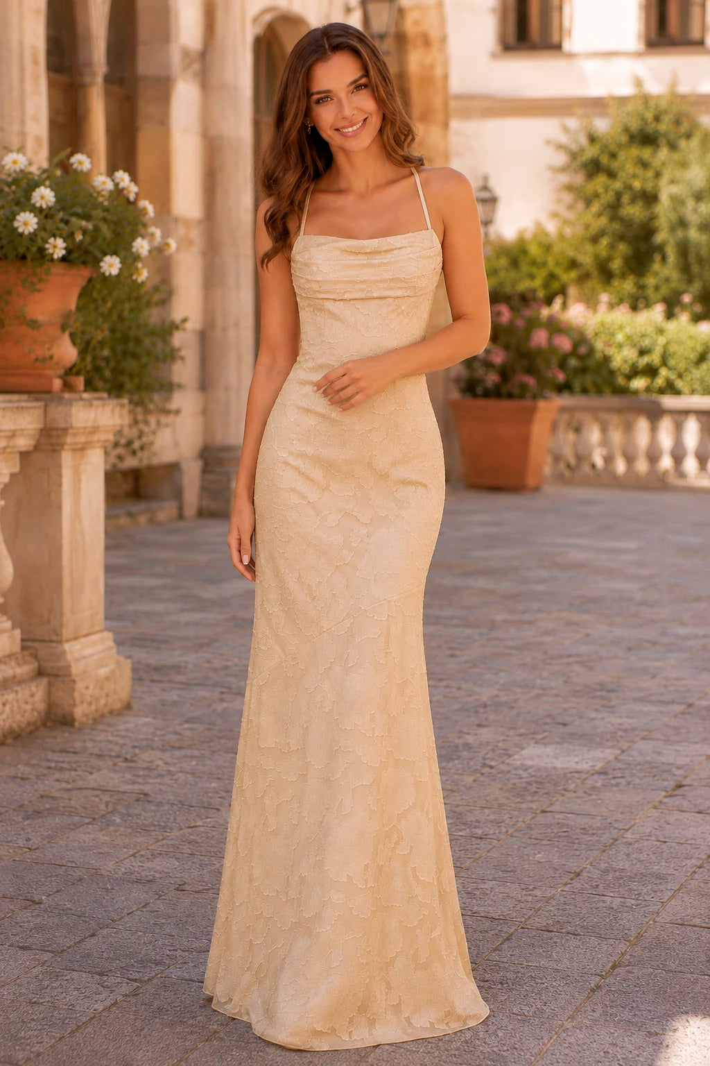 Halora Ruched Spaghetti Strap Mermaid Prom Dress with Slit - Champagne Gold front view | PromSpark