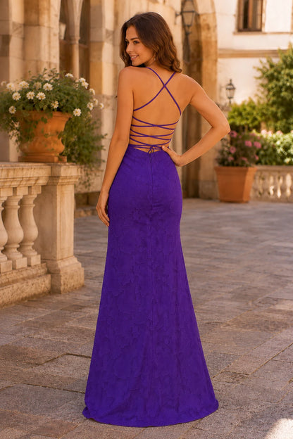 Halora Ruched Spaghetti Strap Mermaid Prom Dress with Slit - Gemstone Purple back view | PromSpark