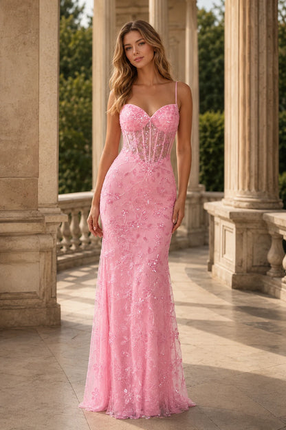 Giselene Spaghetti Strap Lace Mermaid Prom Dress - Blush Pink front view | PromSpark