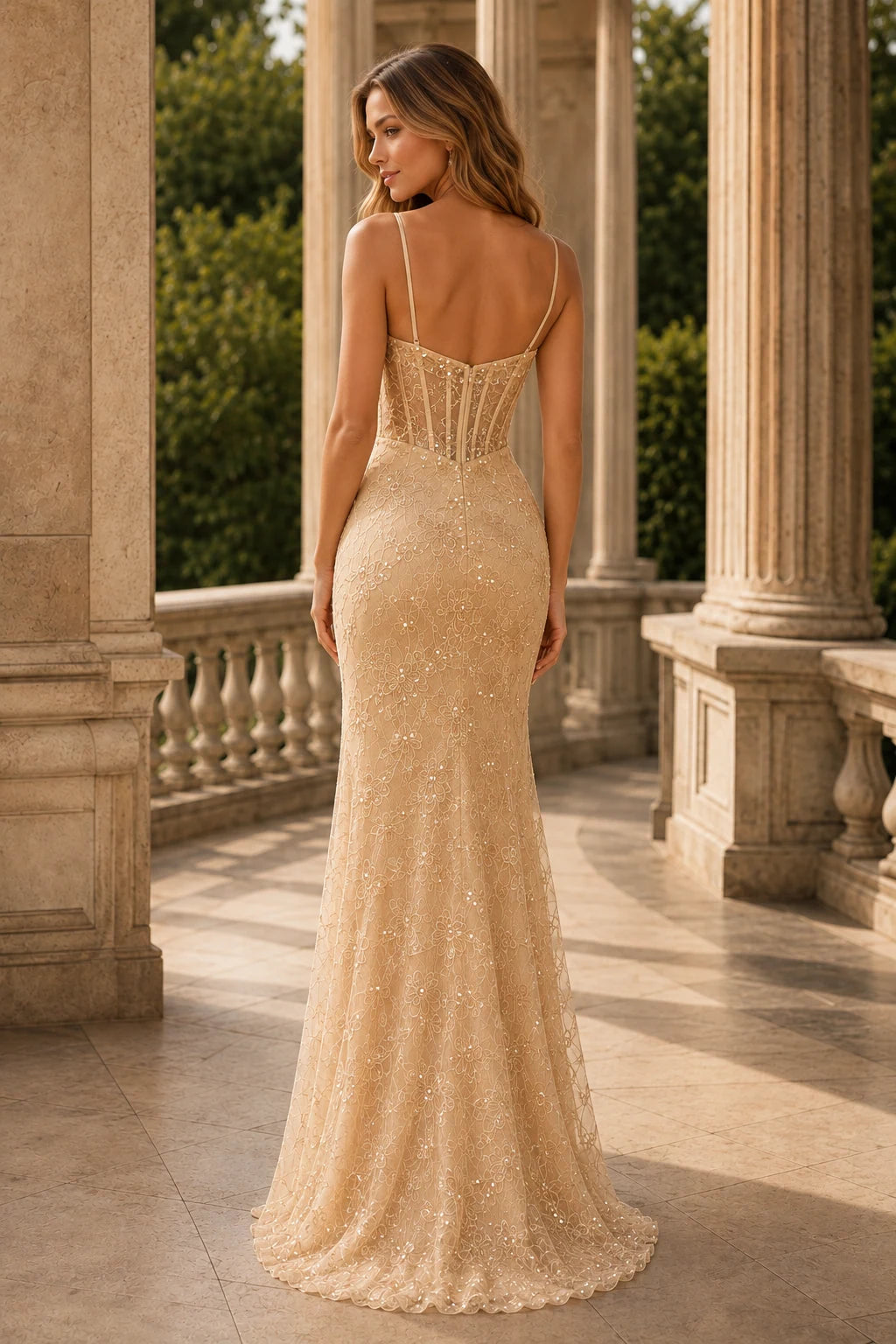 Giselene Spaghetti Strap Lace Mermaid Prom Dress - Champagne Gold back view | PromSpark