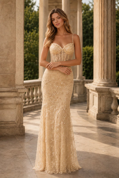 Giselene Spaghetti Strap Lace Mermaid Prom Dress - Champagne Gold front view | PromSpark