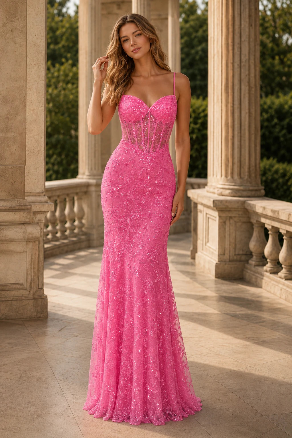 Giselene Spaghetti Strap Lace Mermaid Prom Dress - Hot Pink front view | PromSpark