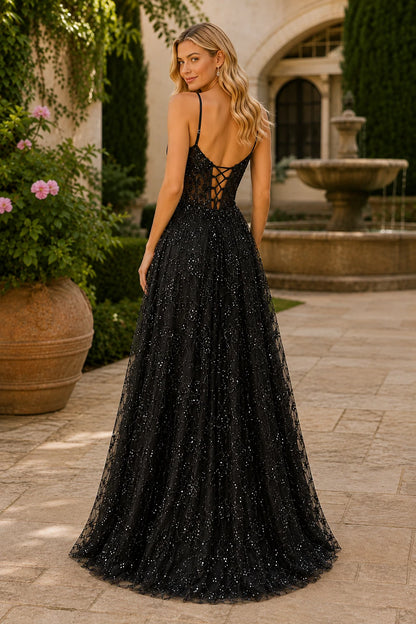 Quenora Sequin Plunge V-Neck A-Line Prom Dress with Slit - Black back view | PromSpark
